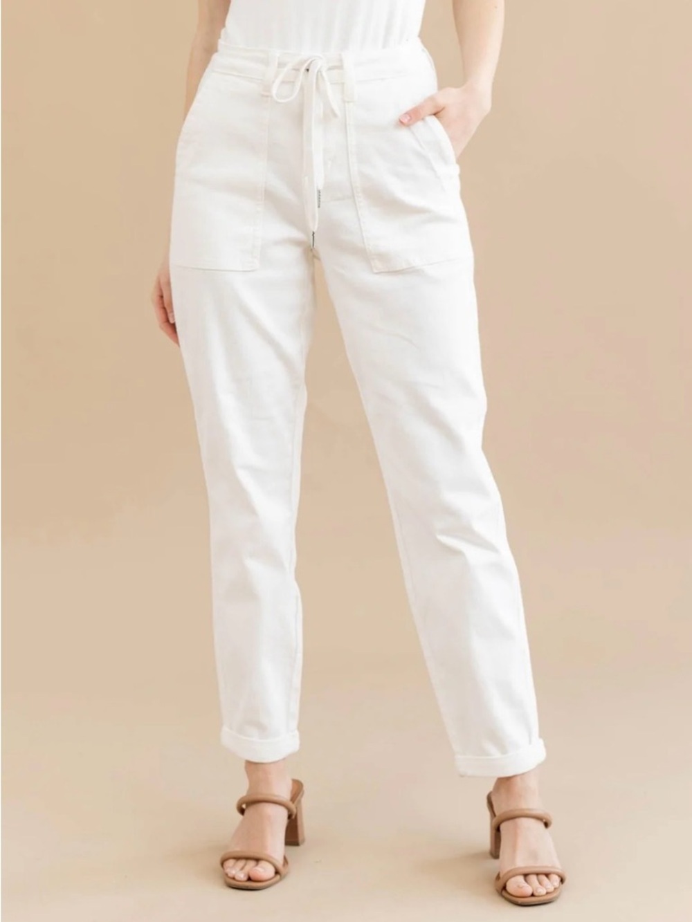 JUDY BLUE White Straight Leg Drawstring Pants